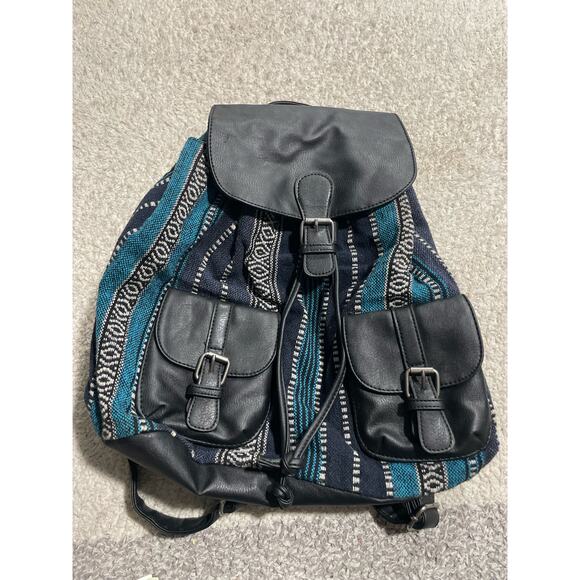 Forever 21 Women's Size OS Faux Leather Knit Aztec Style Backpack Blue Boho - Picture 1 of 9